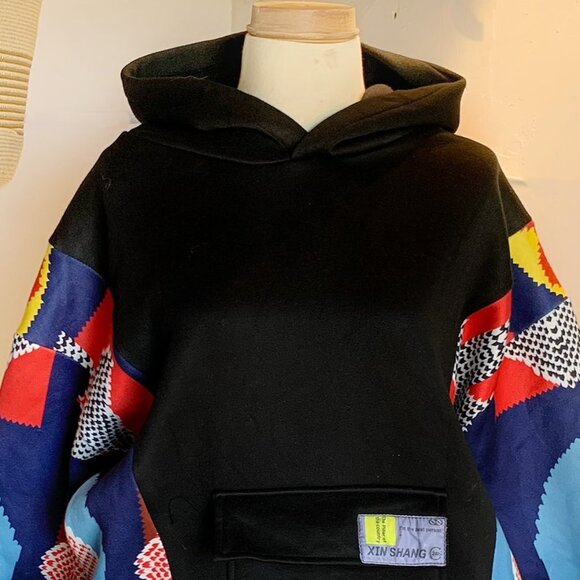 Black Hoodie Colorful Patchwork Sleeves Streetwear - Picture 2 of 5